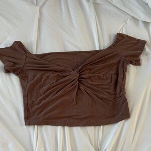 Cider Brown Twist-Front Off-Shoulder Crop Top